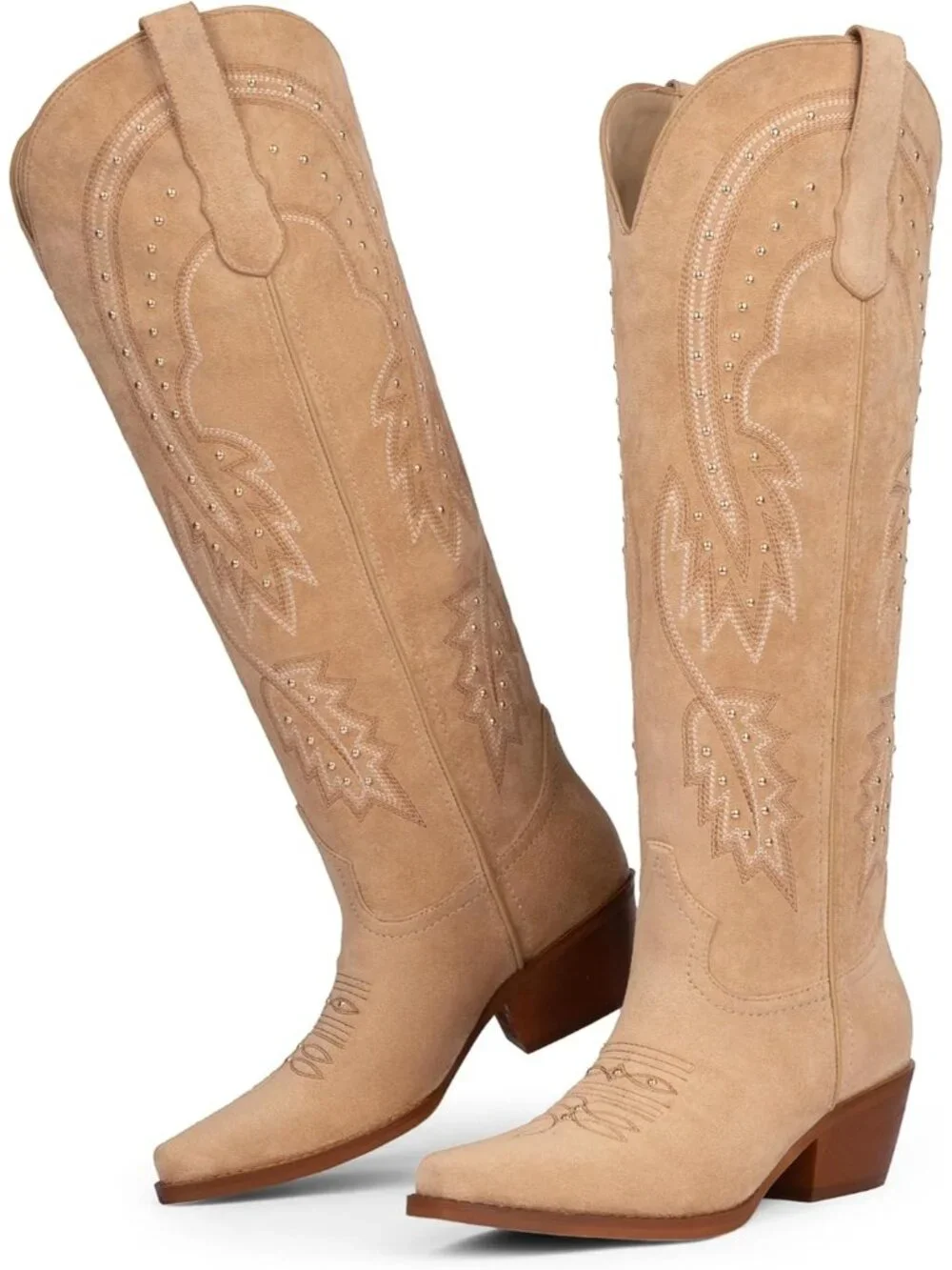 Women's Suede Tan Knee High Cowgirl Boots Pointed Toe Slip on Chunky Heel